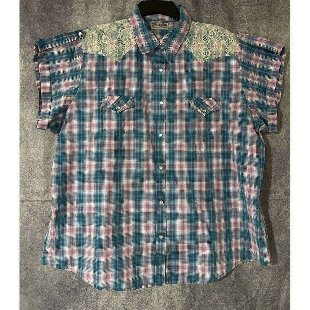 Vintage Wrangler Wrancher Pearl Snap Western Shirt Pink & Blue Plaid Women’s XXL